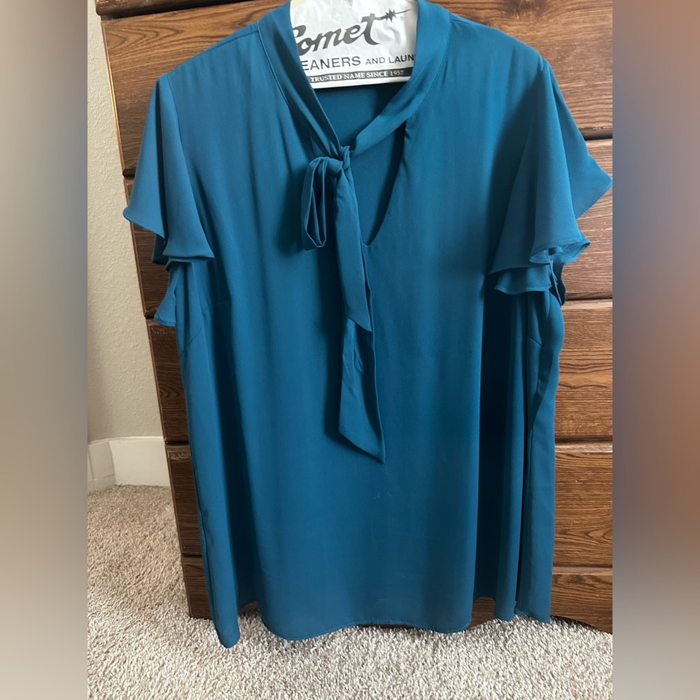 City Chic Teal Blouse with Tie Neck